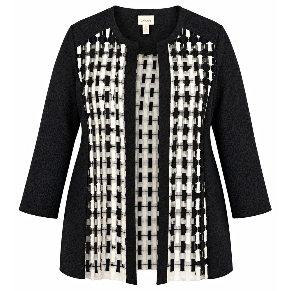Chico's Size 2 Black White Novelty Jacket Textured 3/4 Sleeve Artsy Geometric